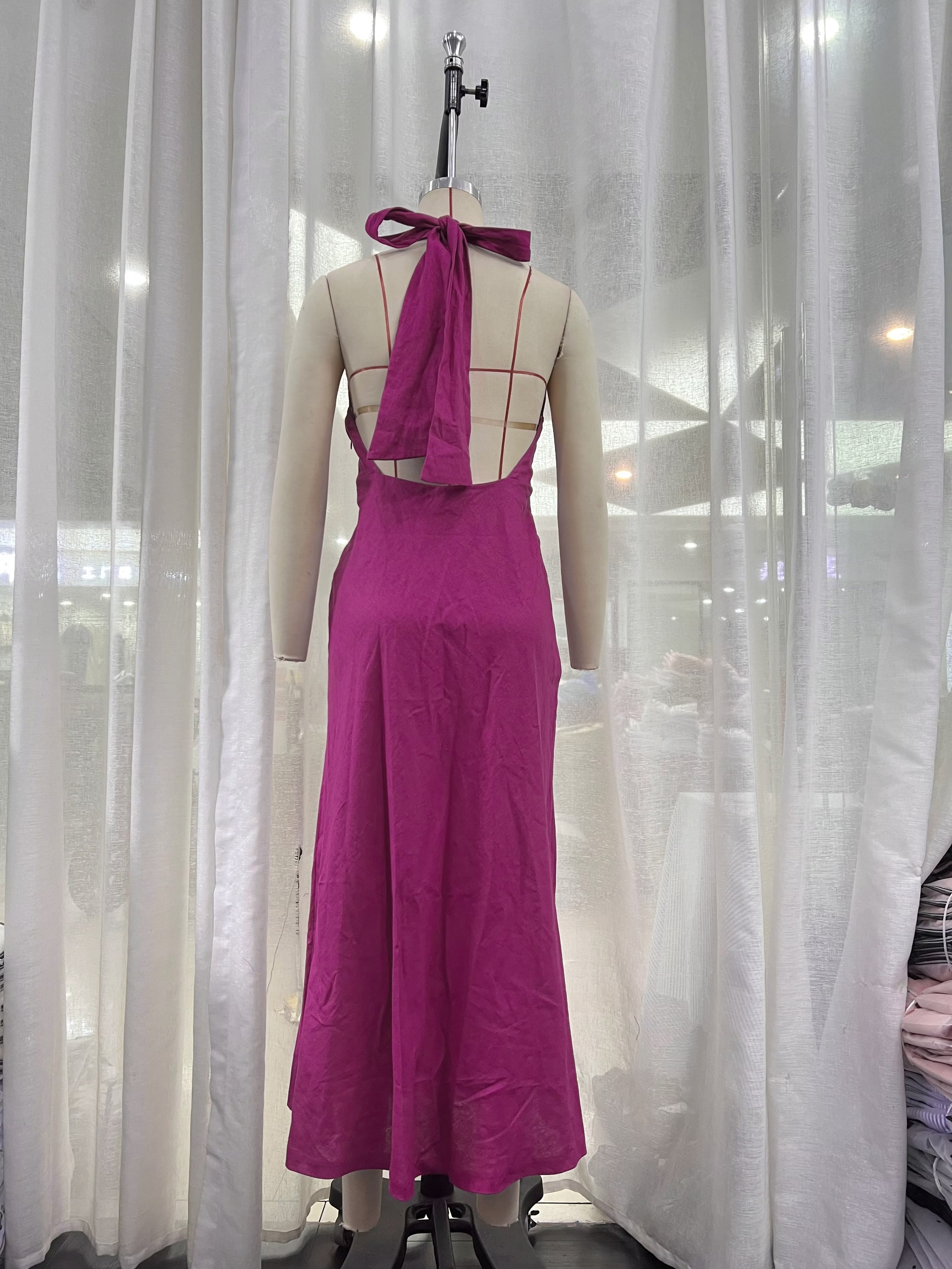 Backless Dinner Linen Blend Hanging Collar Dress