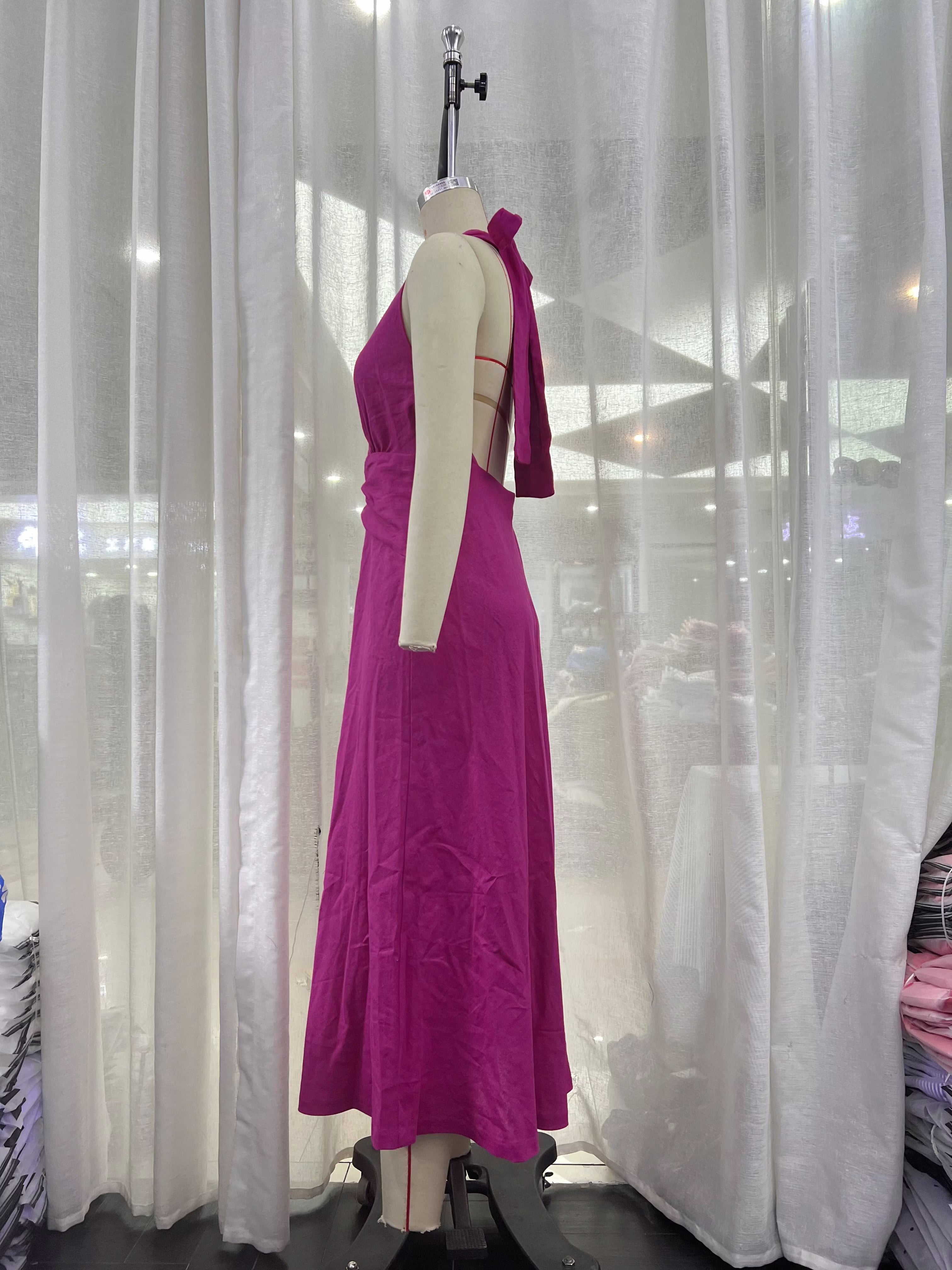 Backless Dinner Linen Blend Hanging Collar Dress