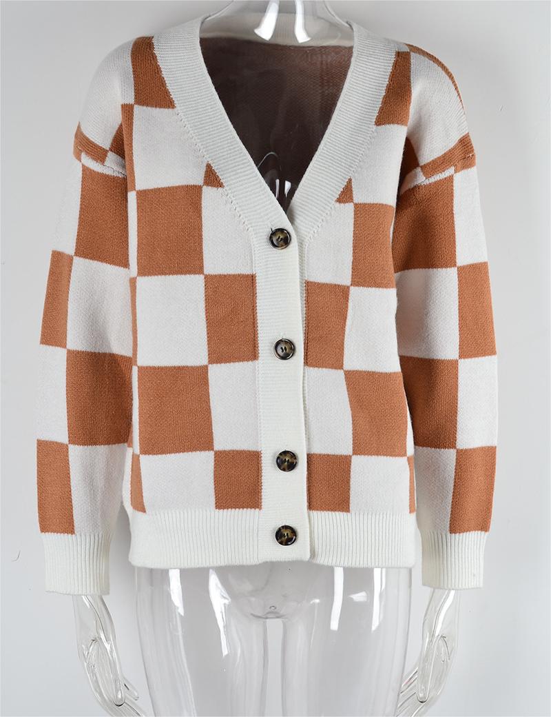 Plaid Sweater Stitching Cardigan Top Knitted Coat Tide