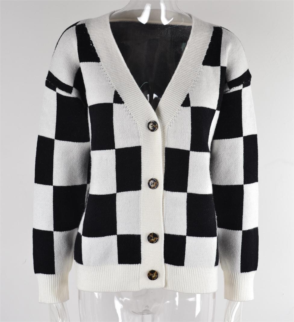 Plaid Sweater Stitching Cardigan Top Knitted Coat Tide