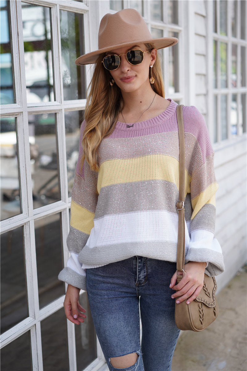 Striped Striped Sweater Knitted Crew Neck Pullover Sweater