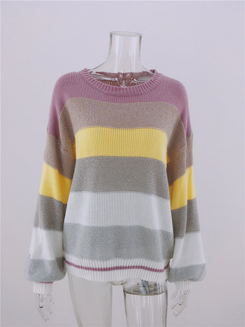 Striped Striped Sweater Knitted Crew Neck Pullover Sweater