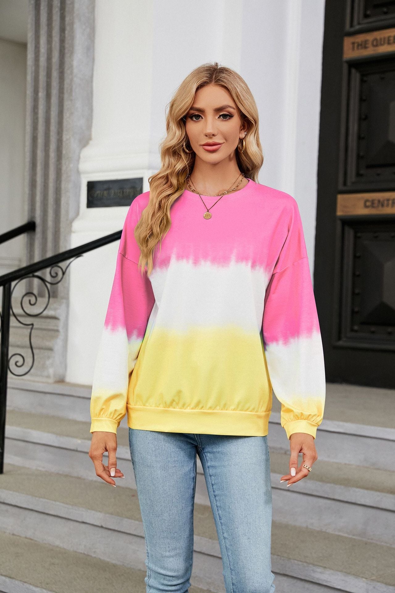 Tie-Dye Contrast Color round Neck Long Sleeve Loose Sweatshirt