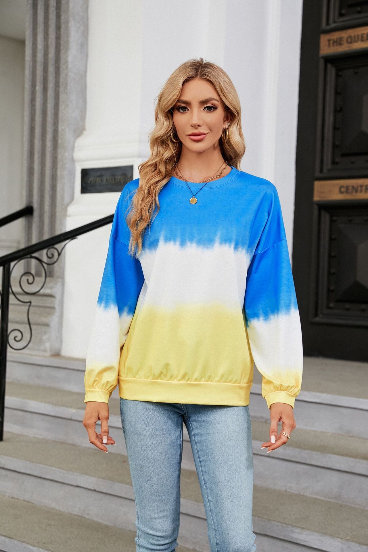 Tie-Dye Contrast Color round Neck Long Sleeve Loose Sweatshirt