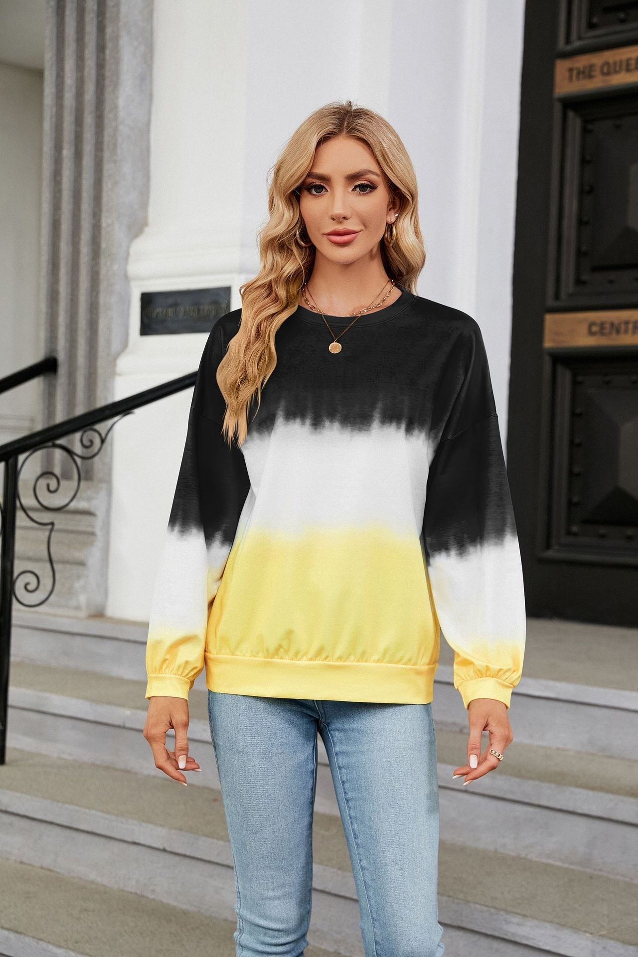 Tie-Dye Contrast Color round Neck Long Sleeve Loose Sweatshirt