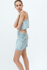 Sleeveless V neck Denim Jacket High Waist Mini Skirt