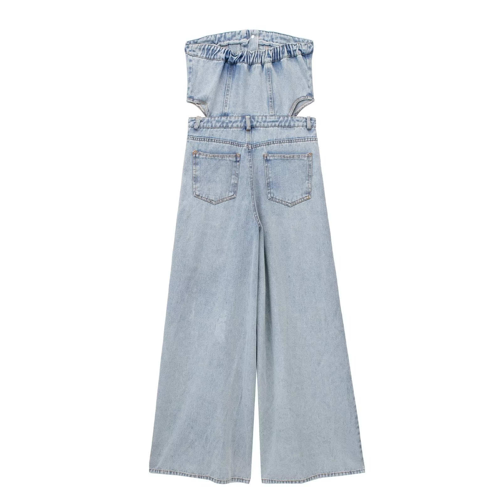 Hollow Out Cutout out Shoulder Baring Tight Waist Slim Fit Tube Top Denim Jumpsuit Trousers