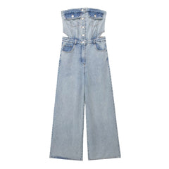 Hollow Out Cutout out Shoulder Baring Tight Waist Slim Fit Tube Top Denim Jumpsuit Trousers