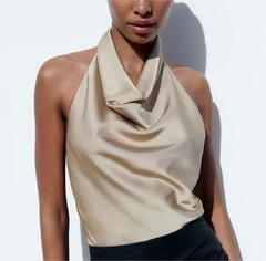 Summer' Halter Silk Satin Texture Backless Short Small Top