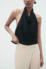 Summer' Halter Silk Satin Texture Backless Short Small Top