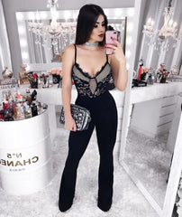 Internet Influencermonger V Neck Lace Stitchingable Casual Figure Flattering Jumpsuit