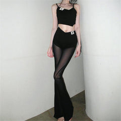 Solid Color Mesh Stitching Small Sling Trousers Suit Two Piece