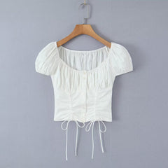 Drawstring Lace Shell Button Top Casual Skirt Set
