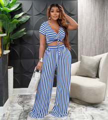 Two-Piece Striped Printed Two-Piece Suit Short Sleeve V-neck Loose