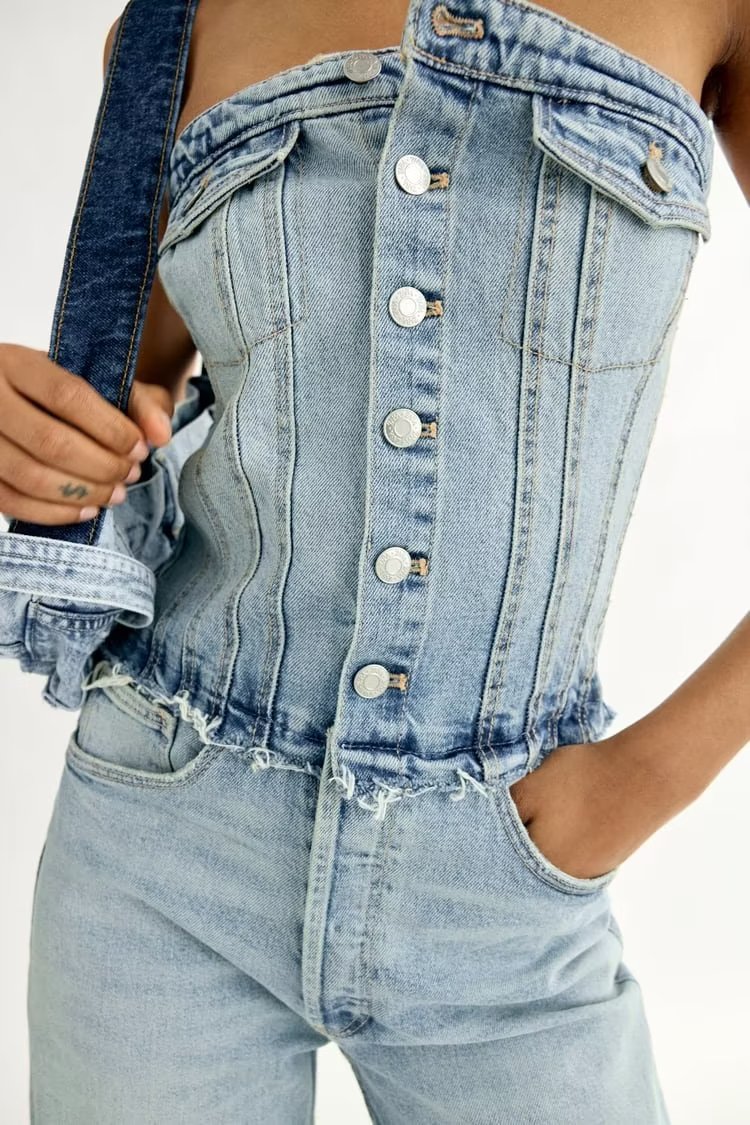 Casual All Matching Cropped Outfit Hollow Out Cutout out Shoulder-Baring Tube Top Denim Jumpsuit