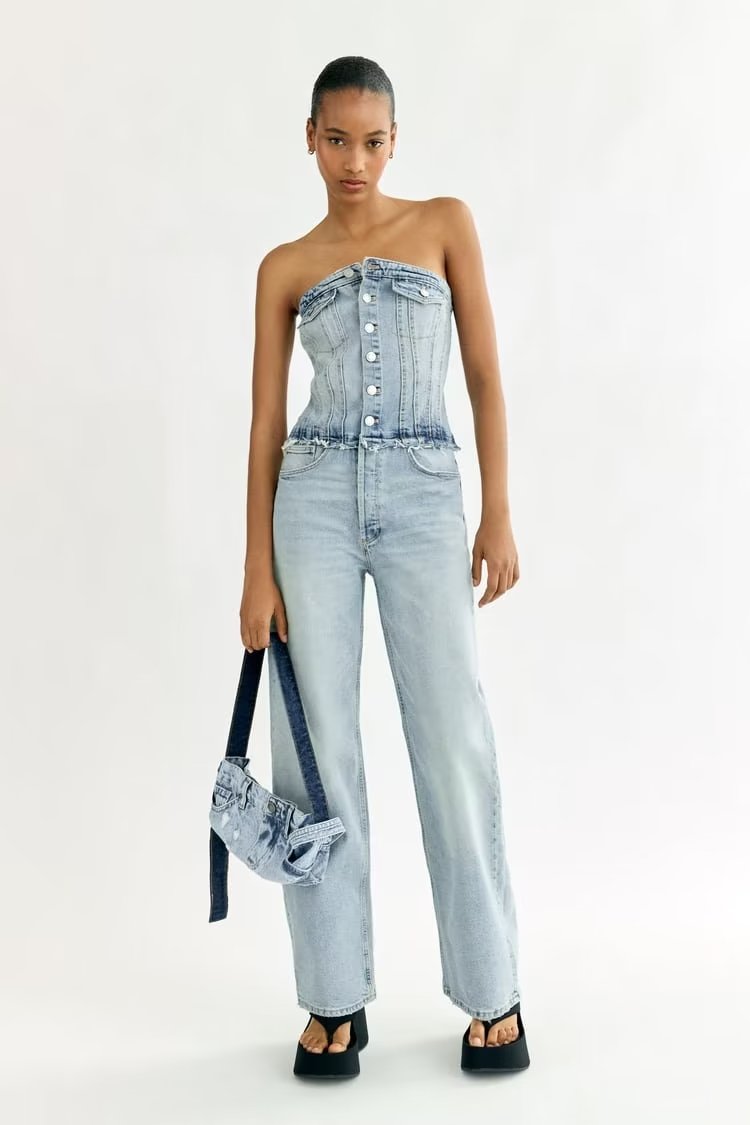 Casual All Matching Cropped Outfit Hollow Out Cutout out Shoulder-Baring Tube Top Denim Jumpsuit