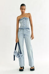 Casual All Matching Cropped Outfit Hollow Out Cutout out Shoulder-Baring Tube Top Denim Jumpsuit