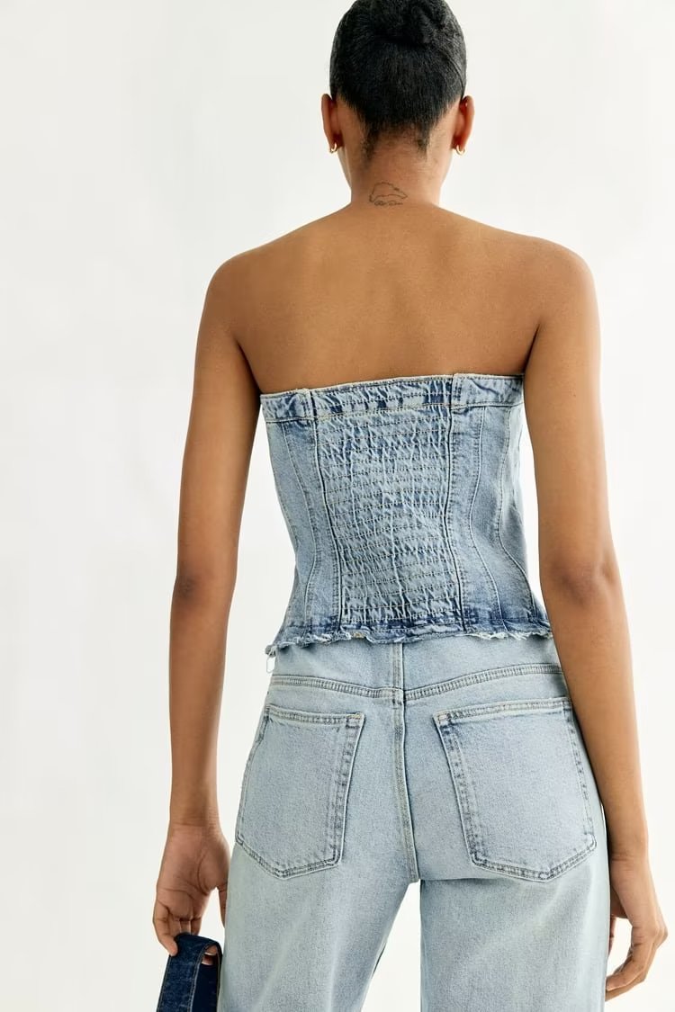 Casual All Matching Cropped Outfit Hollow Out Cutout out Shoulder-Baring Tube Top Denim Jumpsuit