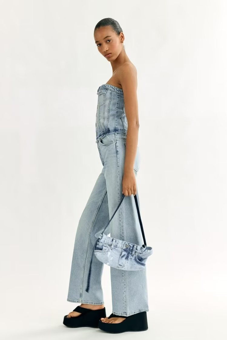 Casual All Matching Cropped Outfit Hollow Out Cutout out Shoulder-Baring Tube Top Denim Jumpsuit