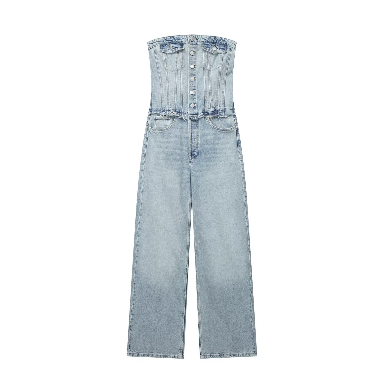 Casual All Matching Cropped Outfit Hollow Out Cutout out Shoulder-Baring Tube Top Denim Jumpsuit