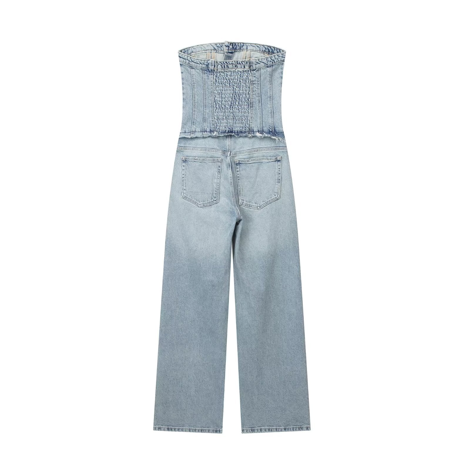Casual All Matching Cropped Outfit Hollow Out Cutout out Shoulder-Baring Tube Top Denim Jumpsuit