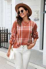 Sweater Large Plaid Stitching Casual Pullover Round Neck Sweater