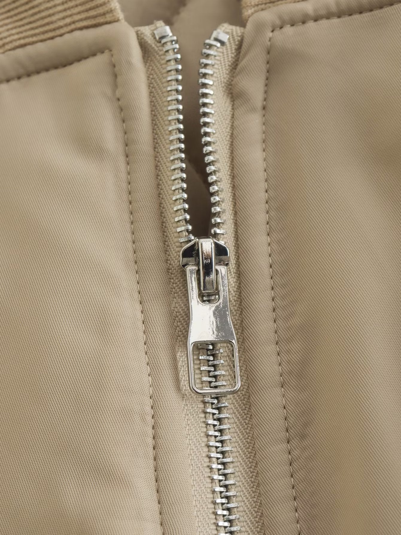 Khaki Pleated Sleeve Zipper Cotton Padded Coat Jacket