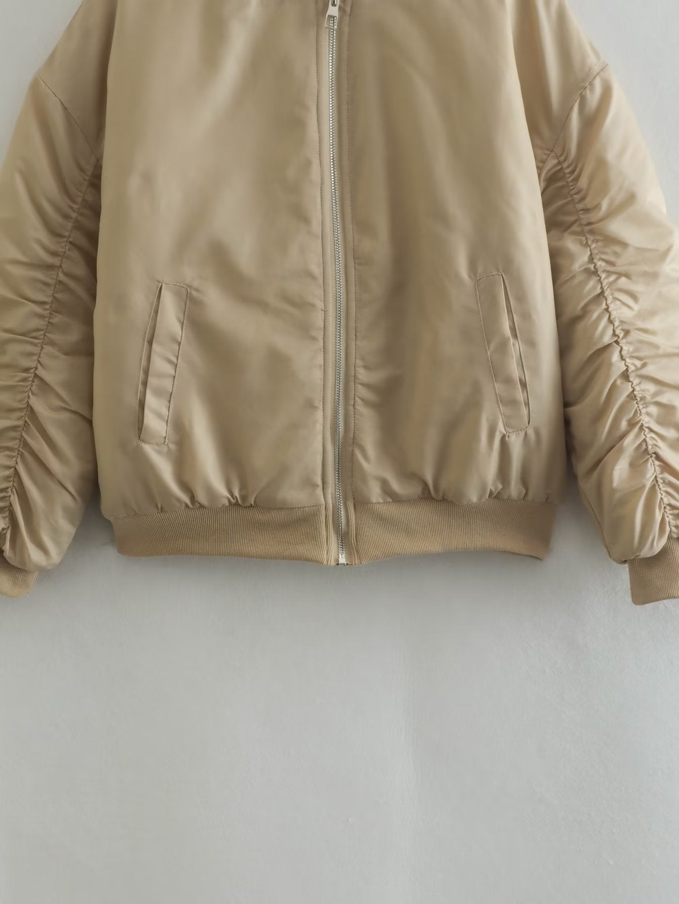 Khaki Pleated Sleeve Zipper Cotton Padded Coat Jacket