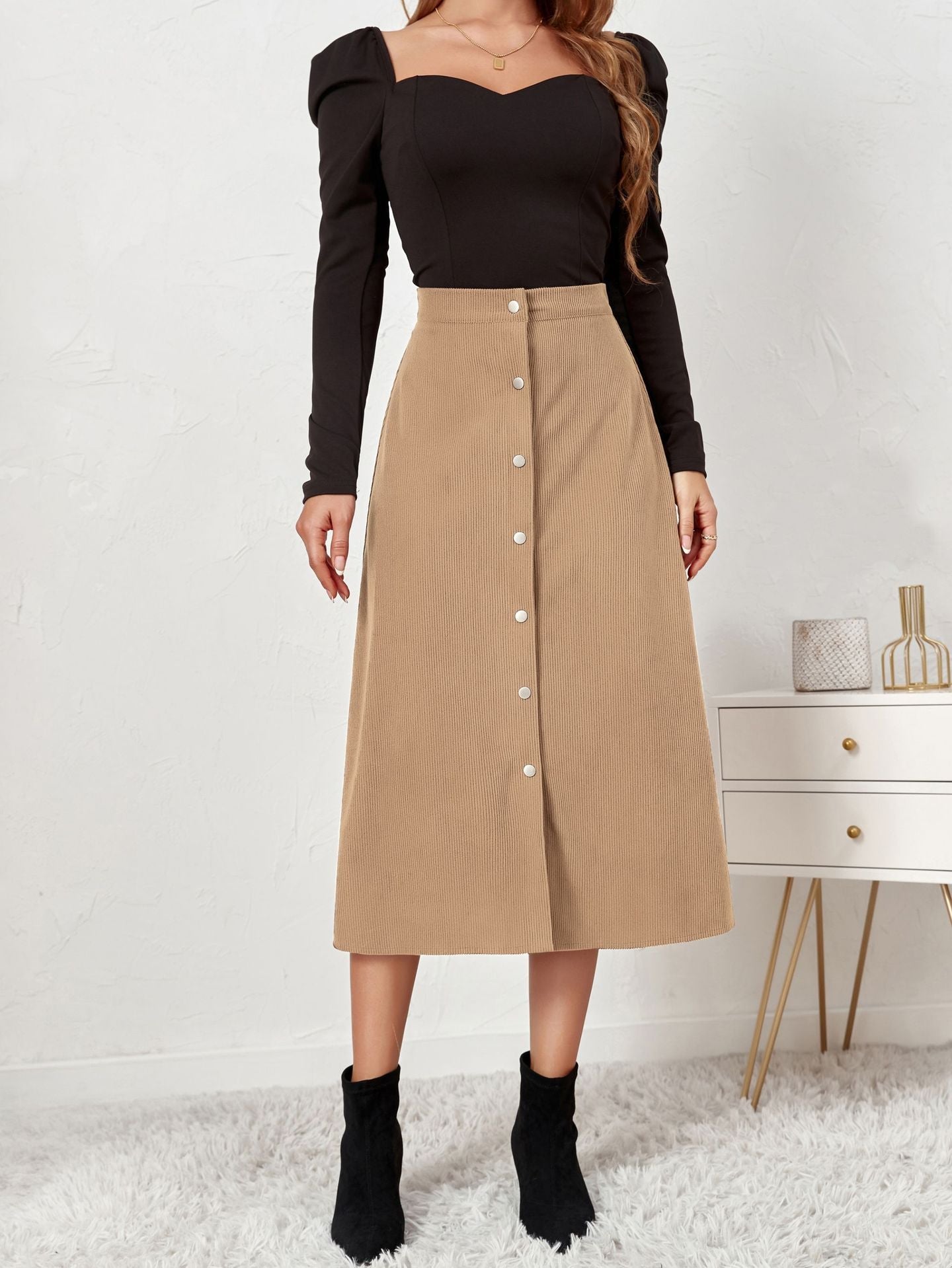 Boutique Corduroy Skirt Single Breasted High Waist Maxi Skirt