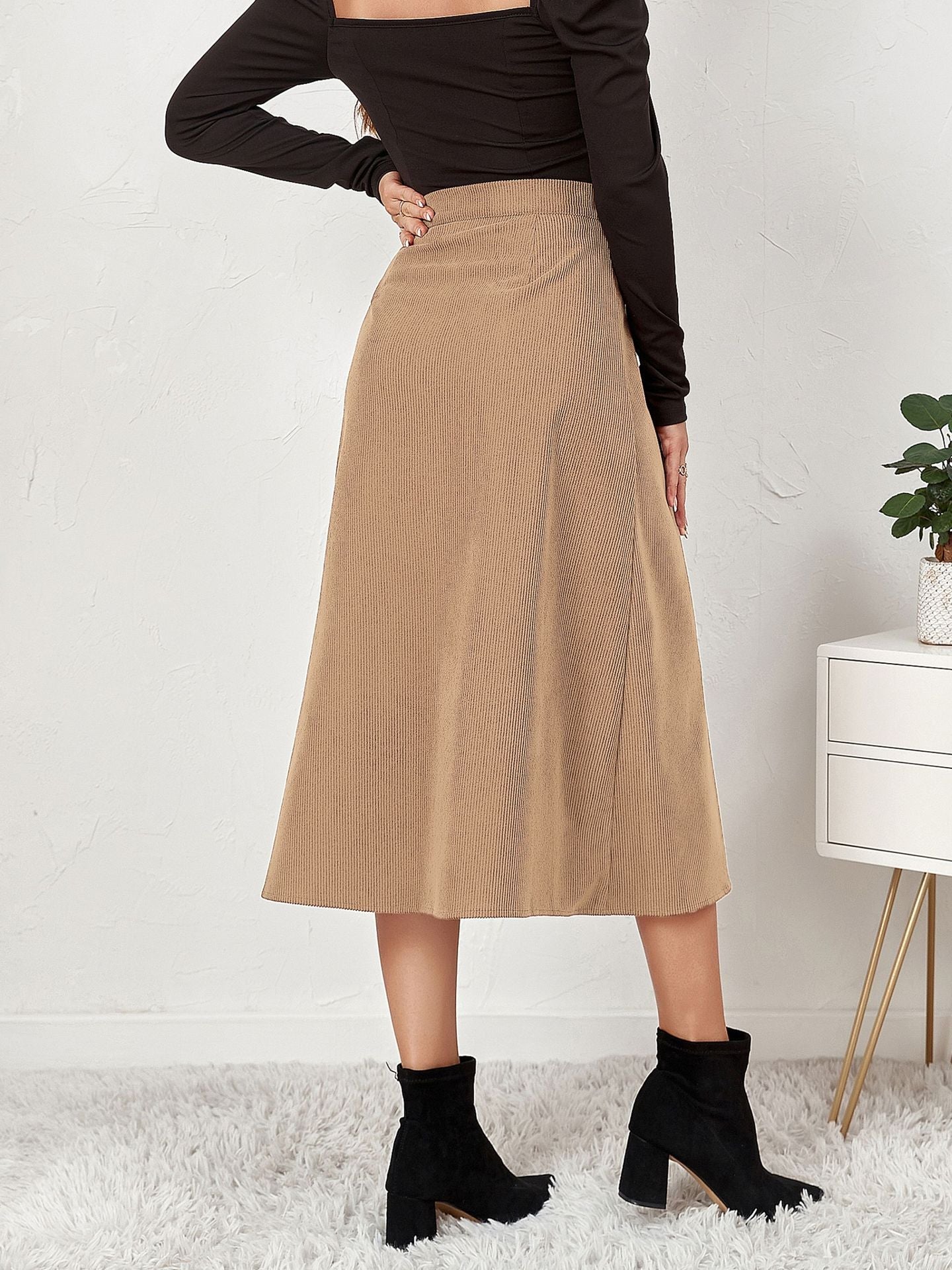 Boutique Corduroy Skirt Single Breasted High Waist Maxi Skirt