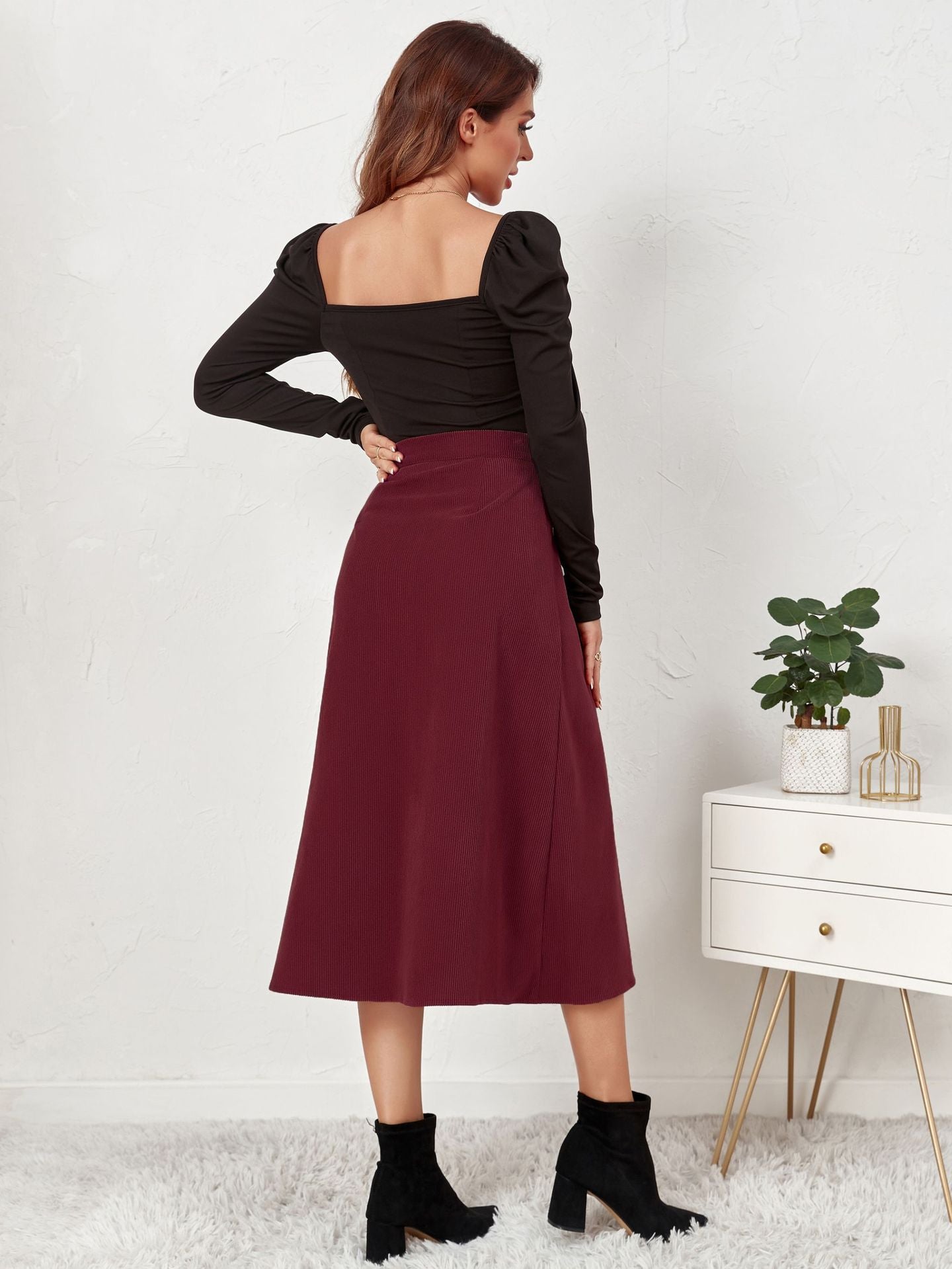 Boutique Corduroy Skirt Single Breasted High Waist Maxi Skirt