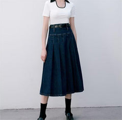 Solid Blue High Waist Stitching High-End Long Skirt Pleated Skirt Skirt