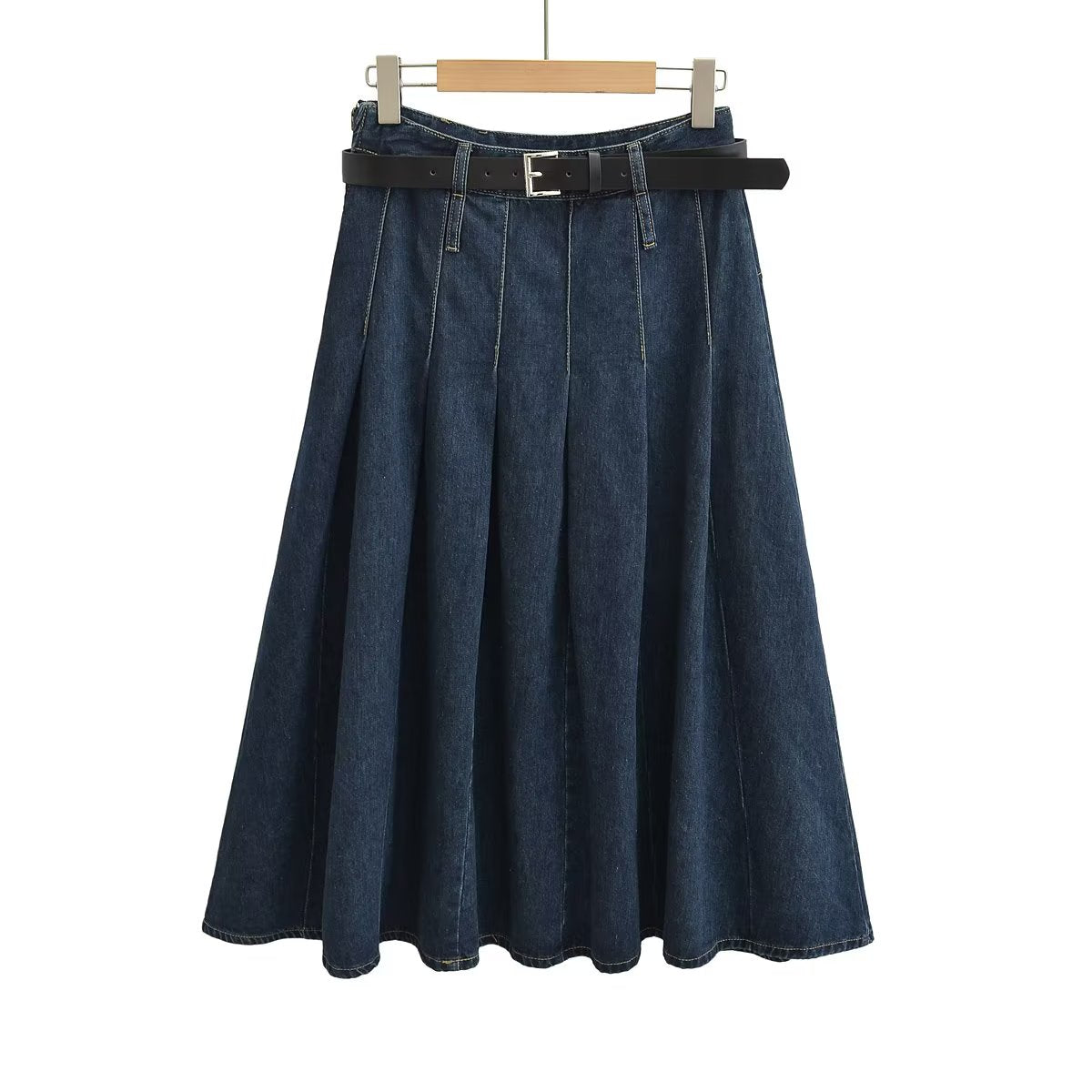 Solid Blue High Waist Stitching High-End Long Skirt Pleated Skirt Skirt