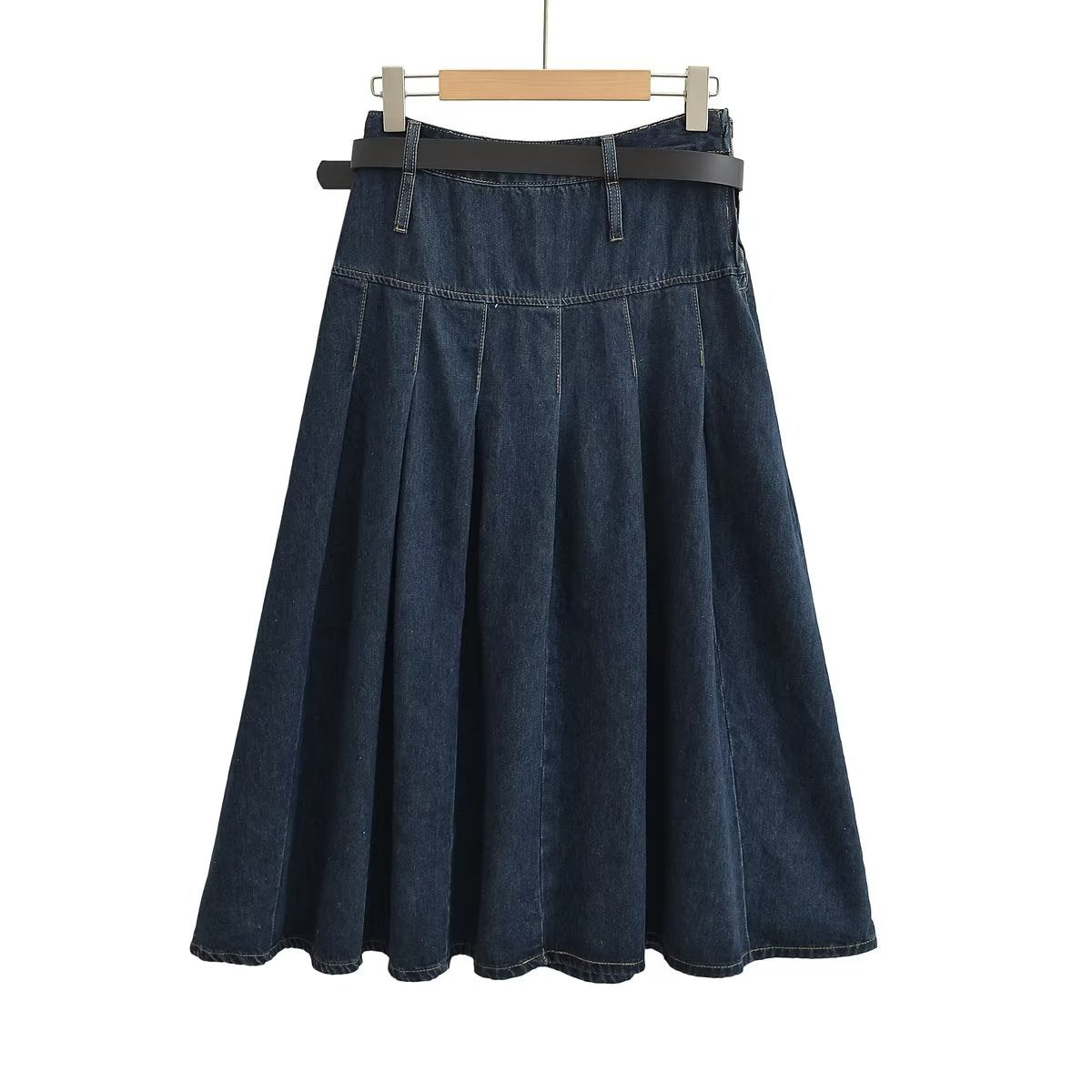 Solid Blue High Waist Stitching High-End Long Skirt Pleated Skirt Skirt