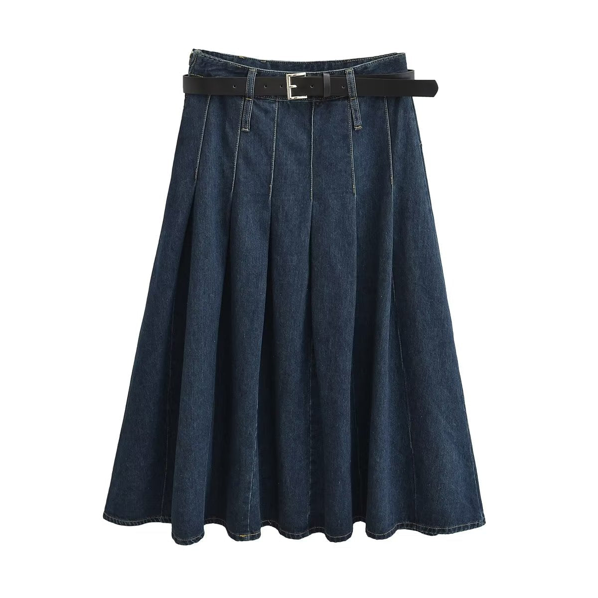 Solid Blue High Waist Stitching High-End Long Skirt Pleated Skirt Skirt