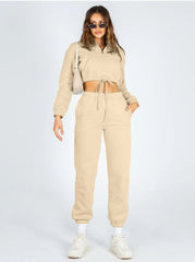 Solid Color StCollar Zipper Drawstring Cropped Brushed Hoody Casual Sweatpants Suit