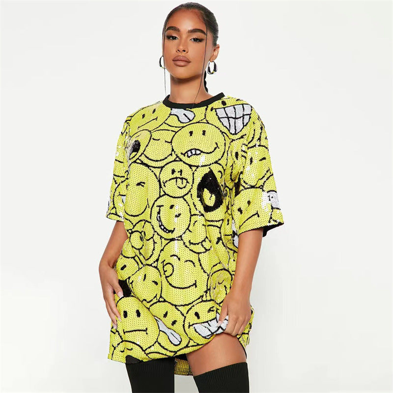 Internet Celebrity Sequined Smiley Top Nightclub T shirt