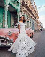 off-Shoulder Ruffled Hollow Out Cutout Wide Hem Lace Dress
