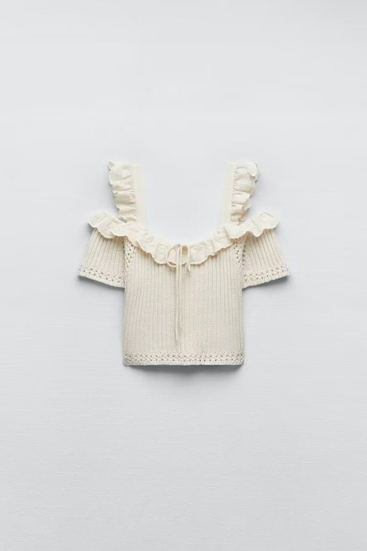 Straight Collar Exposed Shoulder Strap Knitted Sling Short Stitching Outerwear Top