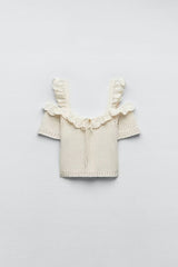 Straight Collar Exposed Shoulder Strap Knitted Sling Short Stitching Outerwear Top