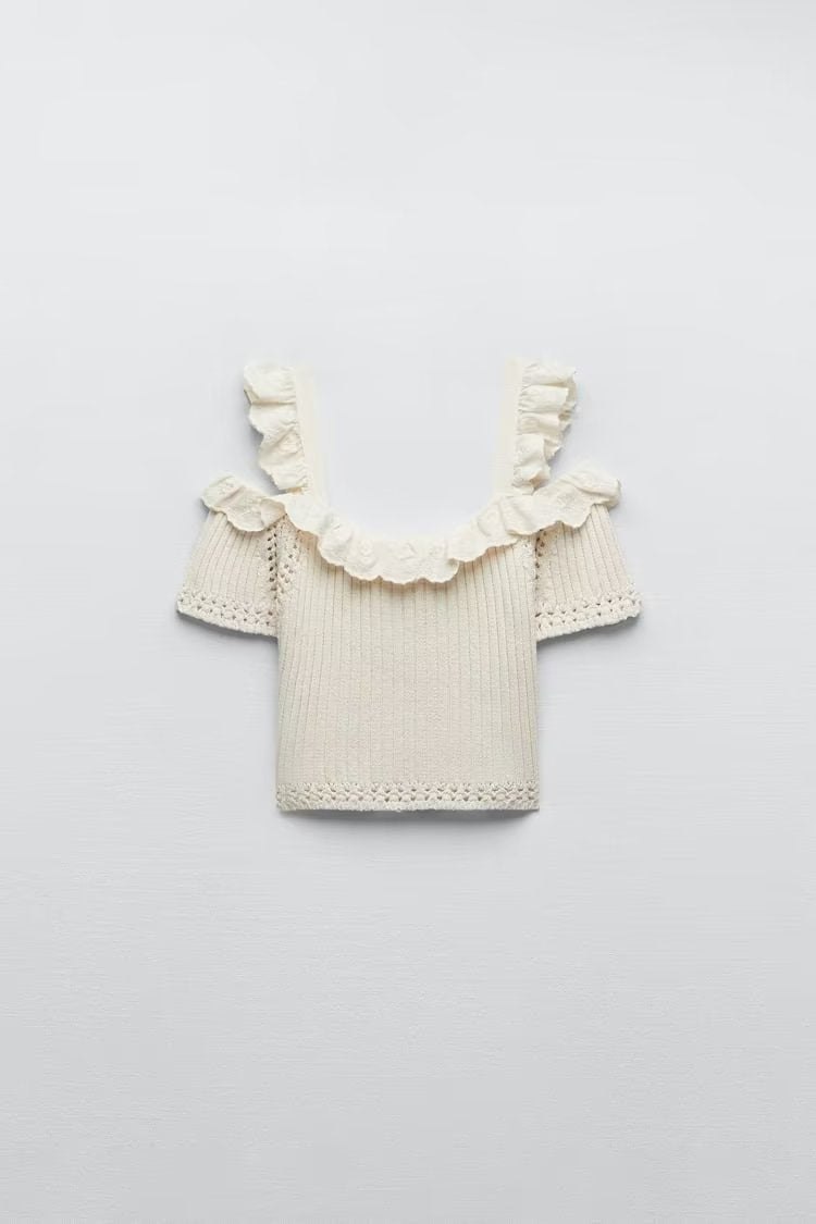 Straight Collar Exposed Shoulder Strap Knitted Sling Short Stitching Outerwear Top