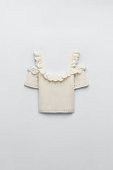 Straight Collar Exposed Shoulder Strap Knitted Sling Short Stitching Outerwear Top