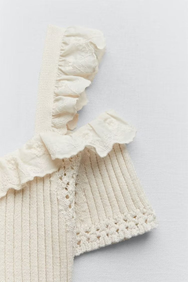 Straight Collar Exposed Shoulder Strap Knitted Sling Short Stitching Outerwear Top