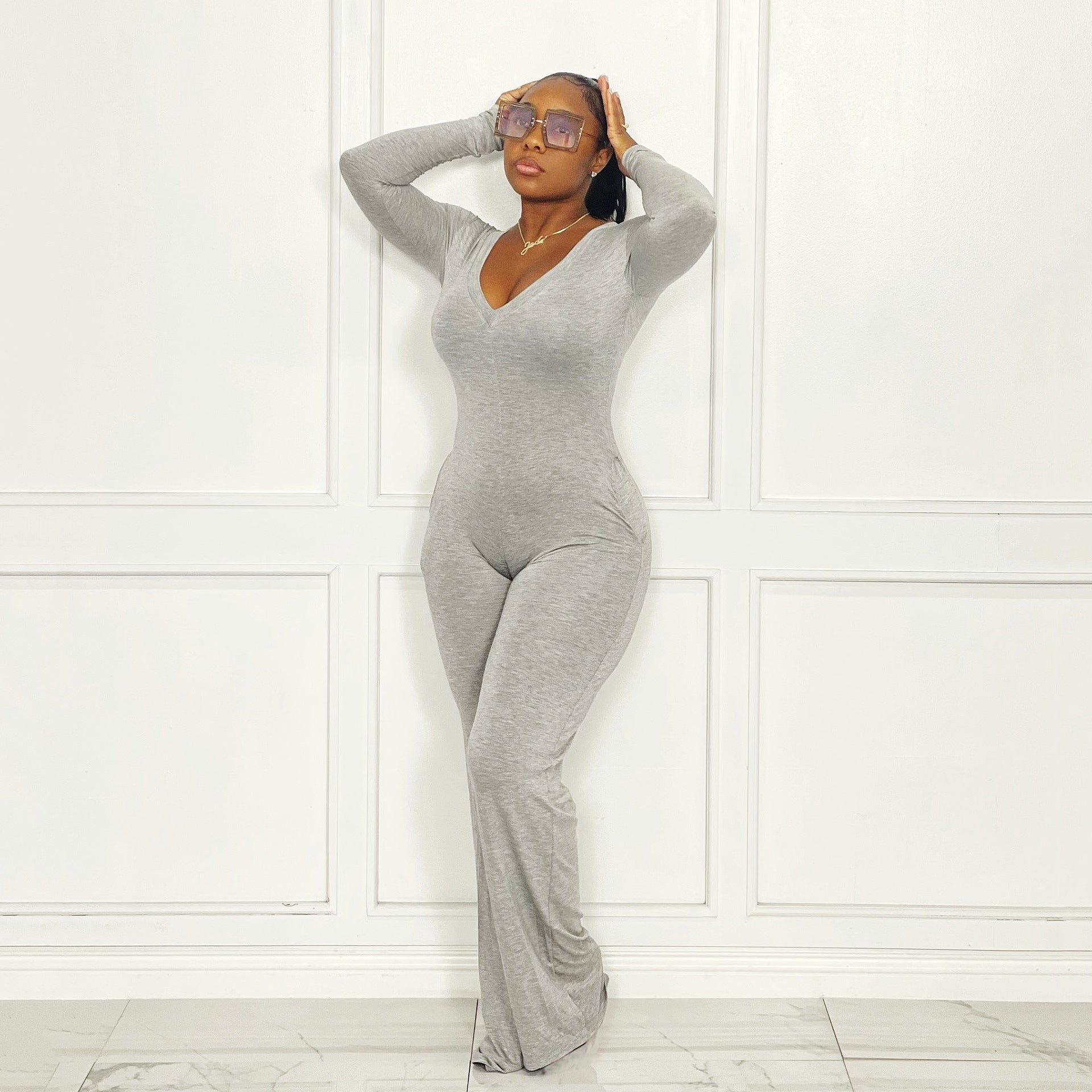 Jumpsuit Bell Bottom Pants Tight V neck Long Sleeve Jumpsuit Winter