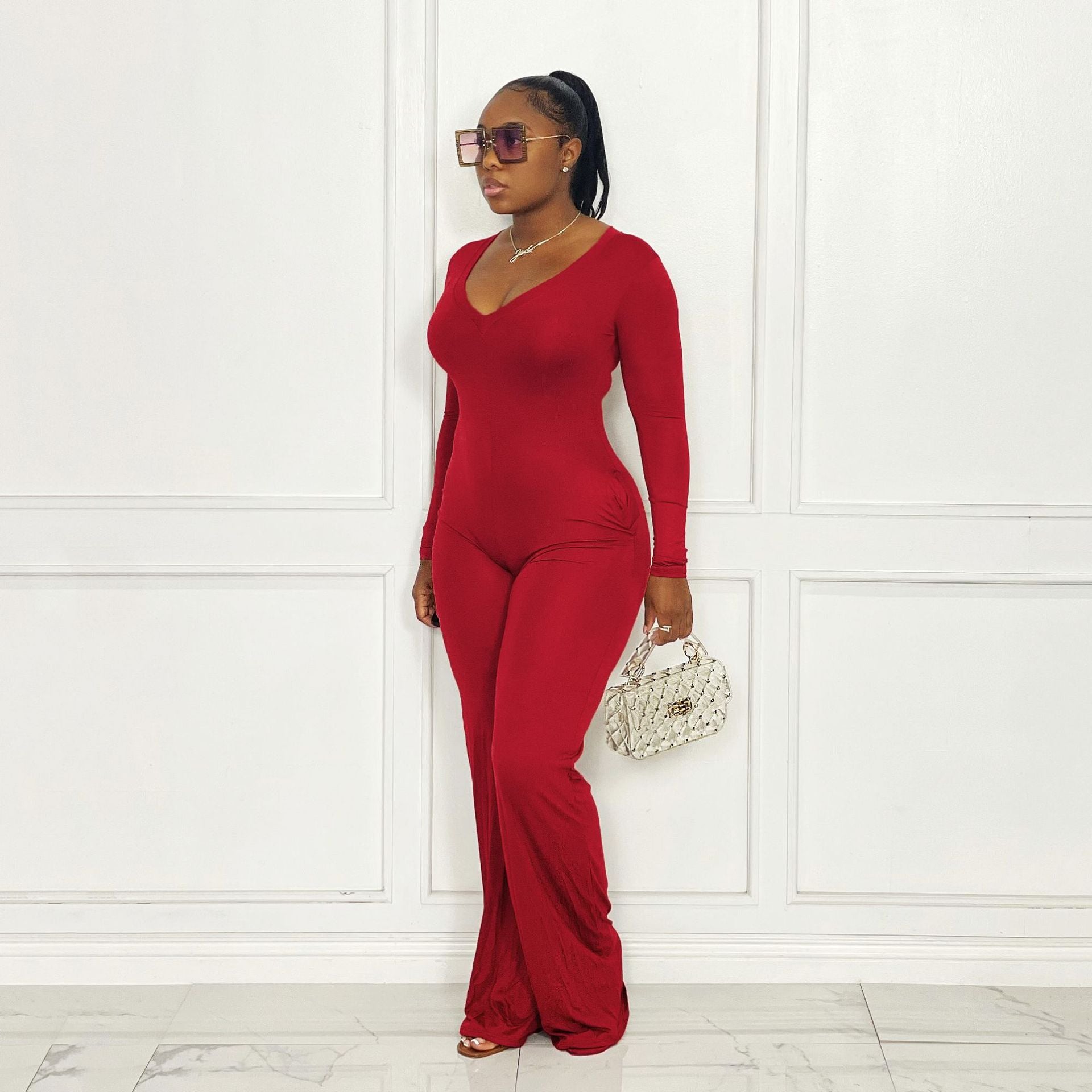 Jumpsuit Bell Bottom Pants Tight V neck Long Sleeve Jumpsuit Winter