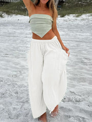 Elastic Waist Pleated High Waist Wide Leg Pants Loose Casual Cotton Linen Trousers