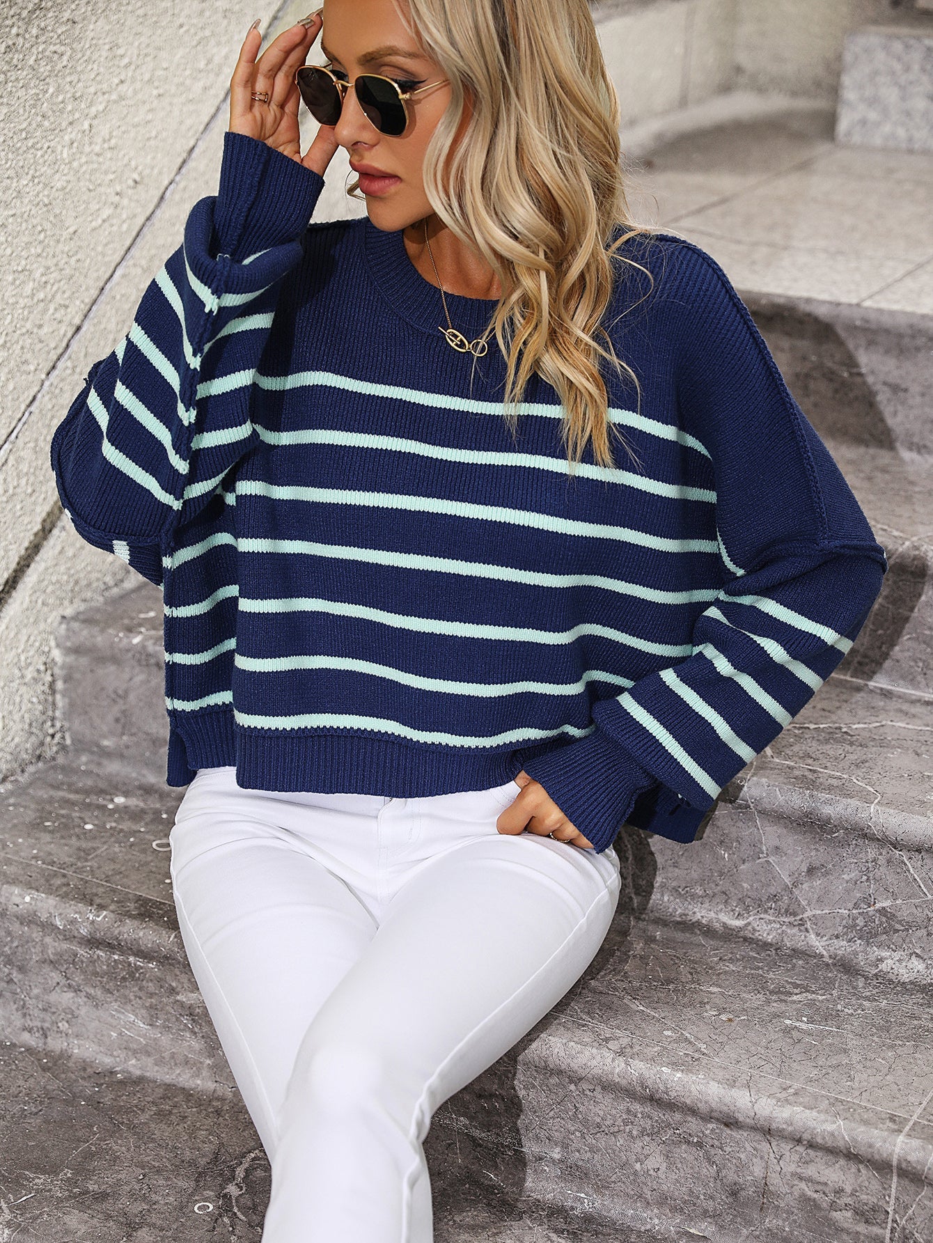 Round Neck Knitwear Loose Pullover Stripe Sweater