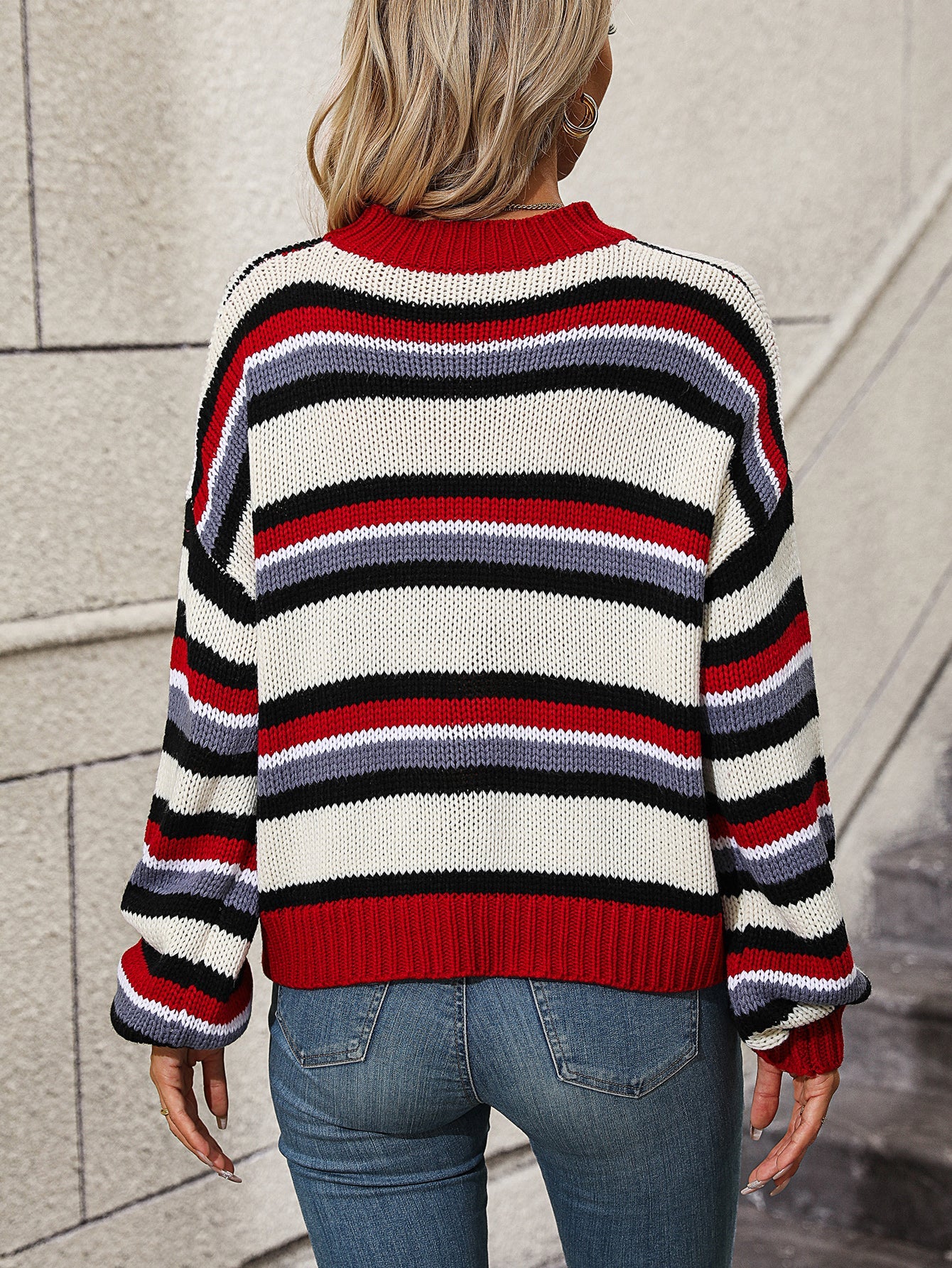 Stitching Knitwear Loose Color Round Neck Striped Sweater