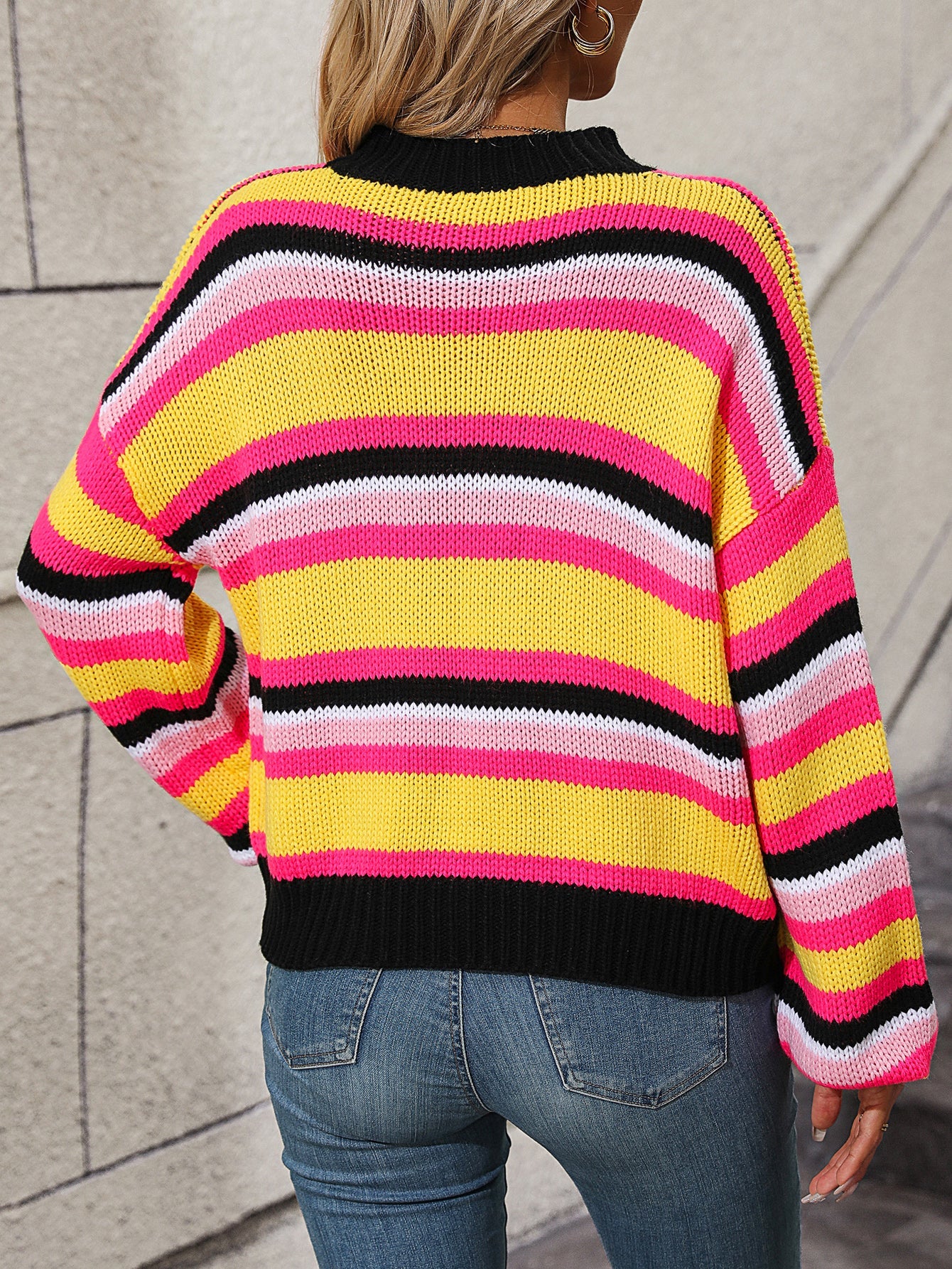 Stitching Knitwear Loose Color Round Neck Striped Sweater