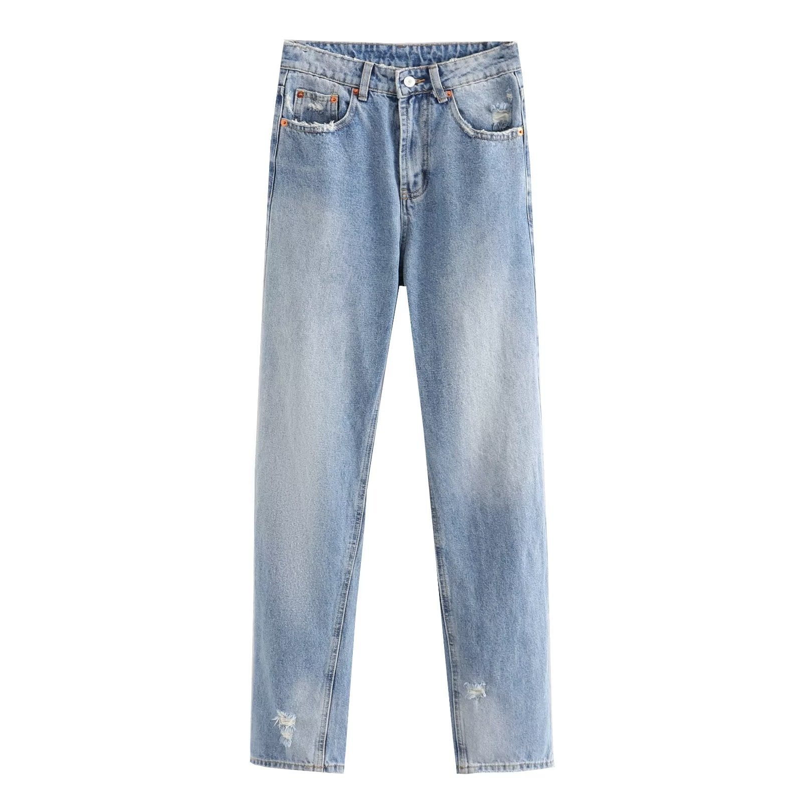 Lässige Hose mit geradem Bein und perforierter Lochdekoration. Lockere Jeans mit mittlerer Taille